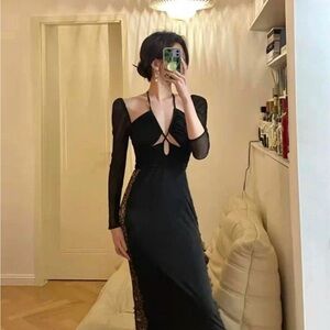 Self-Portrait Lace Panel Cut-out Midi Dress in Black XS